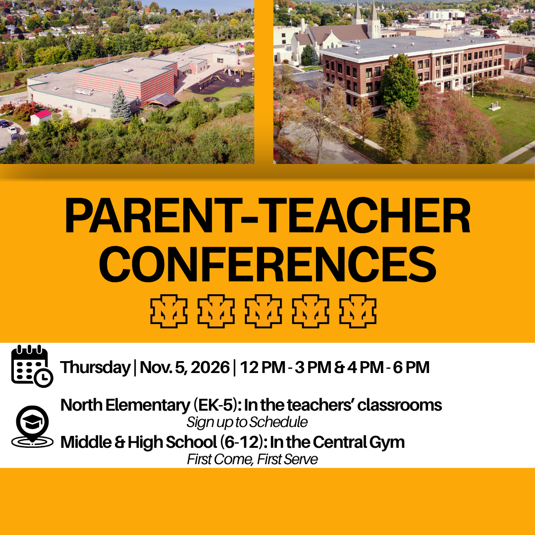 Graphic for Nov. 5 Parent-Teacher Conferences: EK-5 at North Elem by sign-up; 6-12 at Central Gym, first come, first serve.